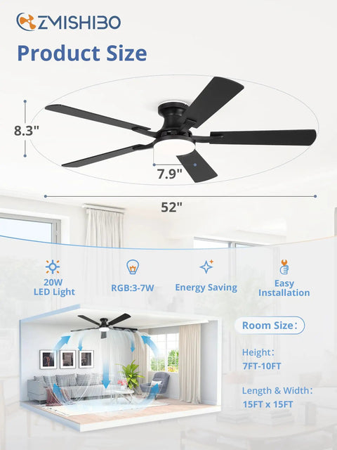 Sleek 52 Inch Smart Ceiling Fan With RGB Smart Lighting And Wifi Voice Control Compatible With Alexa, showing product dimensions and design.