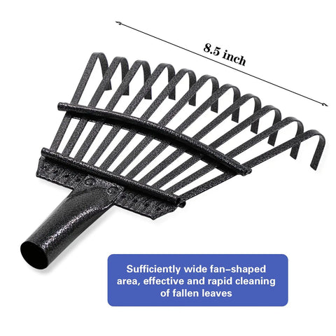Close-up of 8.5 inch head for 72 Inch Adjustable Garden Rake With Expandable Head For Leaf Debris Cleanup In Lawns And Gardens.