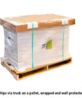 Built Tough Hardwood Workbench 64x54 Heavy Duty Workshop Workhorse wrapped on a pallet for secure shipping.