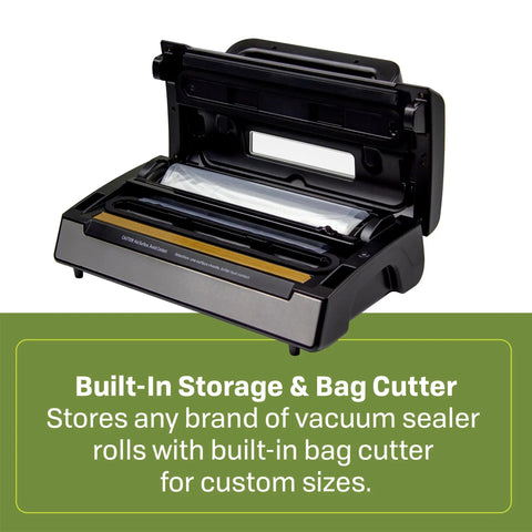 Deluxe 130 Watt Vacuum Sealer With Double Pump Dry Moist And Double Seal Modes, open lid showing built-in storage and bag cutter.