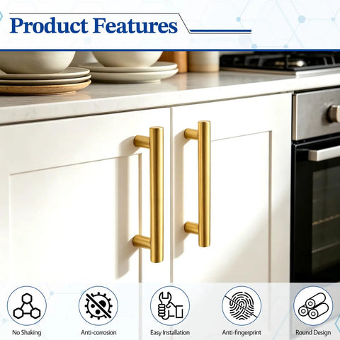 Brushed Gold Cabinet Handles Set Of Four For Kitchen Cabinets And Drawers Two And A Half Inch Center Hole Four Inch Overall Length T Bar Pulls