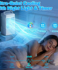 Portable Evaporative Cooler with 900ml Tank, Mini Air Conditioner Fan cooling a bedroom with mist and 7-color LED lights