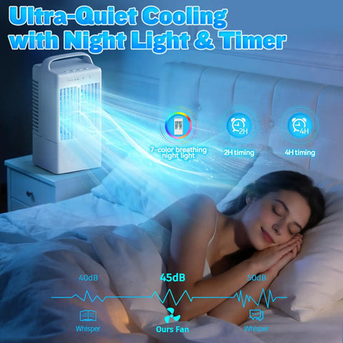 Portable Evaporative Cooler with 900ml Tank, Mini Air Conditioner Fan cooling a bedroom with mist and 7-color LED lights