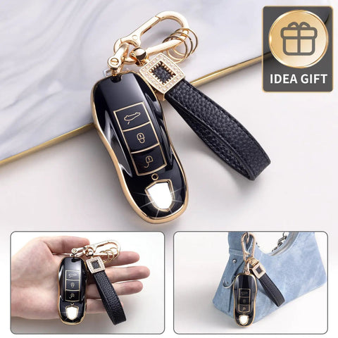 Porsche Key Fob Cover With Leather Lanyard, Built To Last 360 Degree Protection For Macan Cayenne Panamera 911 Boxster Cayman 718