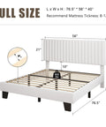 Full Size Bed Frame With Headboard White Upholstered Velvet Platform Bed Built Like A Tank With Solid Wood Slats Rock Solid Support No Box Spring Required No Fuss Setup For Modern Spaces, showing dimensions and slats.