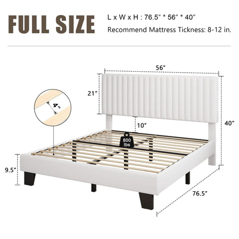 Full Size Bed Frame With Headboard White Upholstered Velvet Platform Bed Built Like A Tank With Solid Wood Slats Rock Solid Support No Box Spring Required No Fuss Setup For Modern Spaces, showing dimensions and slats.