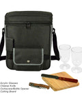 Super Chill Personalized Monogrammed Wine And Cheese Picnic Basket Cooler with cutting board, corkscrew, glasses, and cheese knife.
