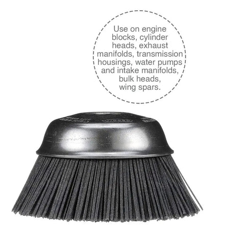Side view of Abrasive Cup Brush Silicon Carbide 7000 Max RPM 6 Inch, ideal for engine blocks and cylinder heads.