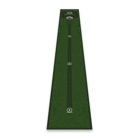 Top view of 8ft Golf Putting Practice Mat with alignment lines and distance markers for aiming precision and distance control.