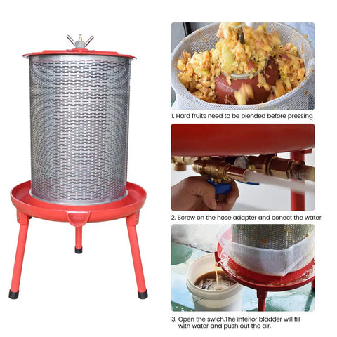 Water-Powered Fruit Wine Press For Home Cider And Natural Juice Making, Electricity-Free Hydraulic Press With 10.7 Gallon Capacity, Includes Filter Bag And Splash Guard, Awesome For Easy DIY Wine, Cider, And Fresh Juice. Red metal fruit press with mesh basket and hose adapter