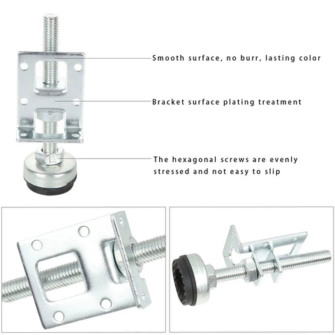 Heavy Duty Furniture Leveling Feet Set 8 Adjustable Load Levelers with screws and wrench, 4.33 inch metal bracket, no-slip base.