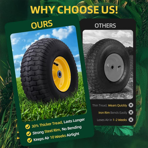 Comparison of yellow front tire and wheel assembly with thicker tread to standard model for riding lawn mowers.