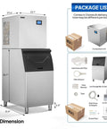 Front view of Industrial 550 Lbs Per Day Commercial Ice Maker with 300 Lbs Storage Bin, LCD Touch Control Panel, in stainless steel.