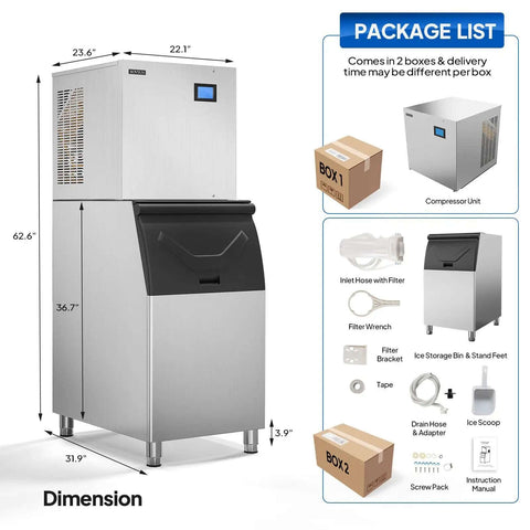 Front view of Industrial 550 Lbs Per Day Commercial Ice Maker with 300 Lbs Storage Bin, LCD Touch Control Panel, in stainless steel.