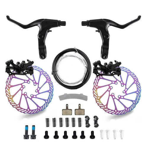 Rock Solid Rear Brake Kit With Mechanical Linear Pull Disc Caliper And 160mm G3 Rotor, includes black calipers and rotor for mountain bikes.
