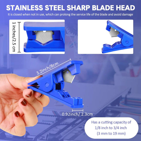 Nine Piece PTFE Tubing Cutter Set For Nylon PVC PU Tubing And Hose Up To Three Quarters Inch OD, compact blue 3.2 inch cutter