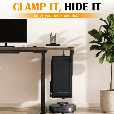 Big Time Space Saver Heavy Duty Clamp Under Computer Tower Stand adjusts to CPU cases, compact mount lifting PC tower off floor.
