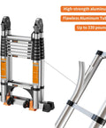 Pro Grade Telescoping A Frame Ladder 16.5 Foot With Dual Locks And Triangular Stabilizers, ANSI EN131 Safety Certified, 330 lbs Capacity, Wide Anti Slip Rungs, Reinforced Feet For Rock Solid Stability On Every Step. Folded aluminum ladder with dual locks and stabilizing feet