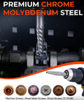 19-piece screw extractor and left-hand drill bit set in drill chuck; chrome molybdenum steel.