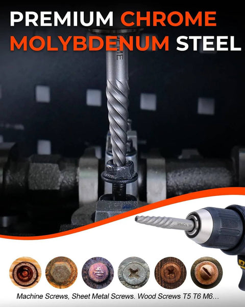 19-piece screw extractor and left-hand drill bit set in drill chuck; chrome molybdenum steel.