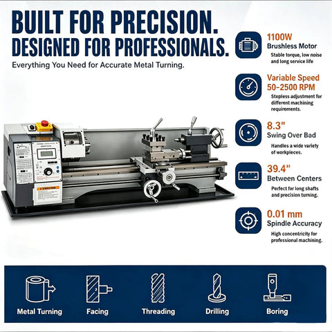 Brand New Mini Metal Lathe 1.1KW Brushless Motor 8x39 Inch Benchtop Engine With Electronic Variable Speed Control Up To 2500 RPM for precise metal turning tasks.