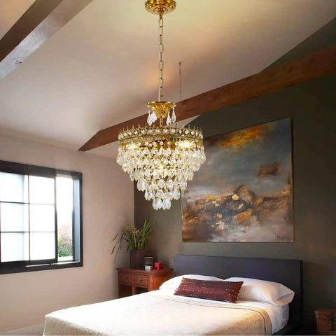 Modern Crystal Chandelier Round Gold Pendant Light Fixture For Living Room Dining Room Foyer And Bedroom, Luxury K9 Crystal Pendant Lighting With Antique Gold Finish, Glam Home Illumination in bedroom setting