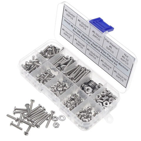 Top Shelf Three Zero Four Stainless Steel SixThirtyTwo Unc Phillips Pan Head Screw Hex Nut And Flat Washer Assortment Kit in organized case.