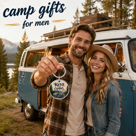 Couple holding Camper Keychain For RV Lovers And Road Trip Fans, Happy Camper Keyring by vintage van in outdoor setting.