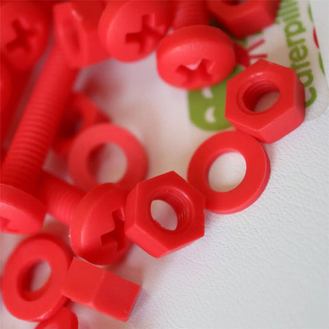 No Sweat 20 Piece Red Polypropylene Fastener Kit M6 X 60mm Phillips Pan Head Bolts With Nuts And Washers close-up of red bolts, nuts, and washers.