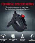 Universal Motorcycle Throttle Cruise Control And Motor Assist With Anti Slip Accelerator Clamp Durable Abs Twist Grip close-up with specifications on a gray background.