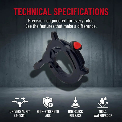 Universal Motorcycle Throttle Cruise Control And Motor Assist With Anti Slip Accelerator Clamp Durable Abs Twist Grip close-up with specifications on a gray background.
