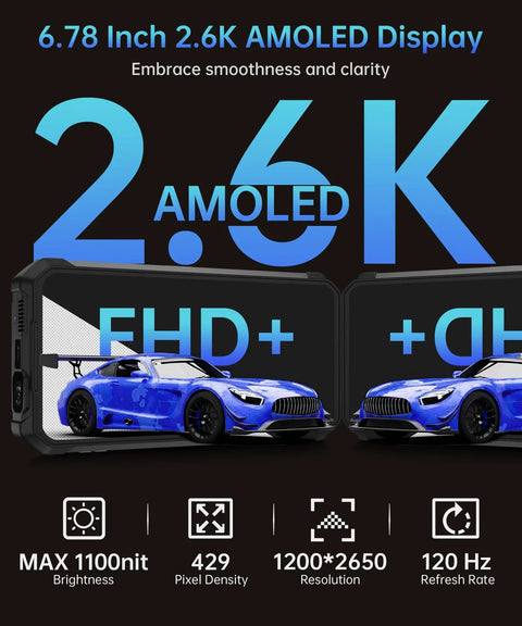 Kickback 5G Rugged Projector Phone 6.78-Inch AMOLED Screen 720P DLP Auto Focus Keystone showcasing 2.6K display resolution and detailed graphics.