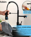 Top Shelf Matte Black Kitchen Faucet With Pull Down Sprayer Featuring Killer Dual Spray Functions And Lead Free Nsf Certified Build Perfect For Farmhouse Rv Camper Laundry Sinks With Smooth Flow Aerators in use, highlighting the pull-down feature.