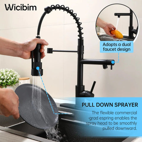 Top Shelf Matte Black Kitchen Faucet With Pull Down Sprayer Featuring Killer Dual Spray Functions And Lead Free Nsf Certified Build Perfect For Farmhouse Rv Camper Laundry Sinks With Smooth Flow Aerators in use, highlighting the pull-down feature.