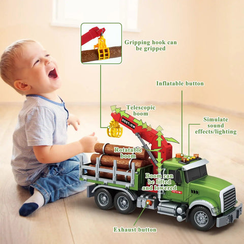 Child playing with Epic 15 Inch Logging Truck Toy For Kids Ages 3 To 8 With Loading Crane And Six Timber Trunks Lights And Sounds.