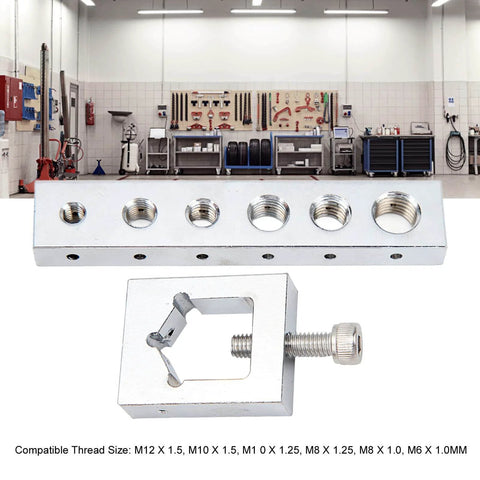 Must Have Nut Bolt Drill Jig Set For Precise Locking Wire Cross Drilling With Thread Sizes M12 M10 M8 M6 displayed in workshop