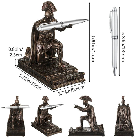 Knight Pen Holder Desk Organizer Resin With 2 Pens Funny Executive Stand shown with measurements and multiple angles.