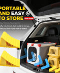Heavy Duty Wheel Chocks 2 Pack For Trailers And RVs Non Slip Triangular Tire Blocks yellow plastic stored in SUV trunk