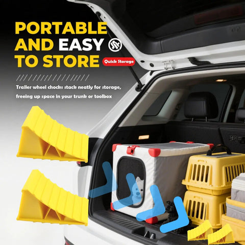 Heavy Duty Wheel Chocks 2 Pack For Trailers And RVs Non Slip Triangular Tire Blocks yellow plastic stored in SUV trunk