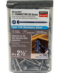Top Shelf Sd Connector Screws Nine By Two Point Five Inch Stainless Steel Hex Head Fasteners in a clear container.