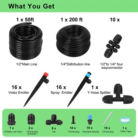Drip Irrigation Kit 250 Feet With Quick Connect Micro System components including tubing, emitters, and connectors.