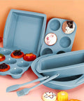 All In One Silicone Baking Set 7 In 1 For Ovens With Brush And Spatula And Round Square And Loaf Pan Molds In Blue Nonstick