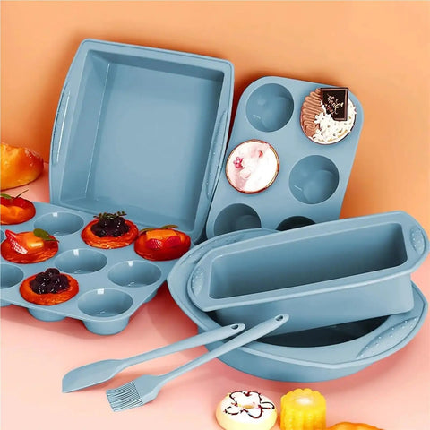 All In One Silicone Baking Set 7 In 1 For Ovens With Brush And Spatula And Round Square And Loaf Pan Molds In Blue Nonstick