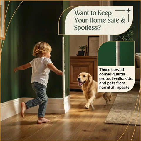 Child and dog with Beechwood Corner Guards Thirty Nine And A Quarter Inches Sanded Wood Edge Protectors on wall corner.