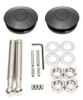 2 Pack Quick Release Hood Pin Kit Universal Fit 2.44 Inch Diameter Aluminum Alloy And Stainless Steel Latch Push Button Lock Clips For Auto Cars Black Pro includes two latches, studs, washers, nuts, and an Allen key displayed on a white background.