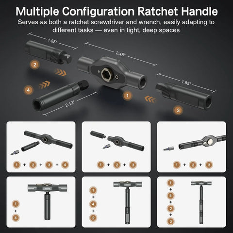 Multiple configuration ratchet handle for All In One 42 In 1 Magnetic Screwdriver Set With Ratchet Handle And Detachable Grip S2 Steel Bits.