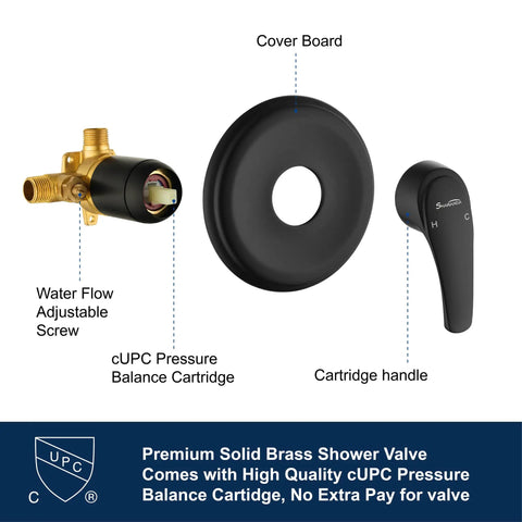 Matte Black Shower System With Anti Scald Valve And 6 Spray Head, Full Shower Faucet Set With Handle, cUPC Cartridge Parts