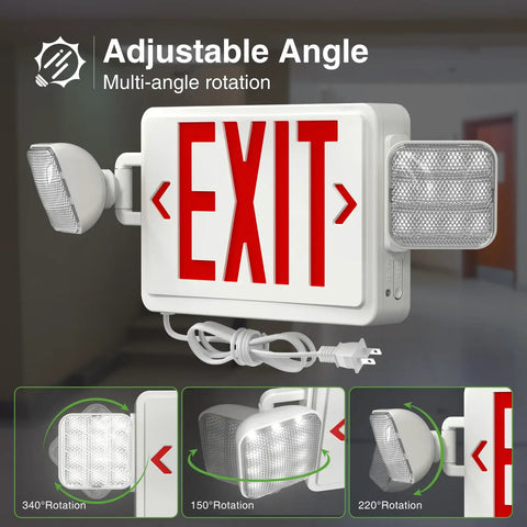 2 Pack Red Exit Signs With Emergency Lighting And 90 Minute Battery Backup, Built Tough Flame Resistant Shell, No Hassle Plug In Cord For Solid Business Safety Compliance with adjustable emergency lighting and 340° rotation.