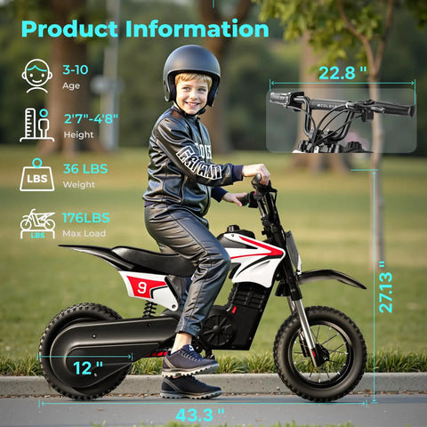 Child riding Kids Electric Dirt Bike 36V With 16 MPH Top Speed And 14 Mile Range 700W Peak Power Three Speed Modes UL 2272