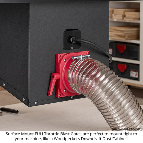 Fullthrottle Blast Gate 4 Inch Dust Collection Valve Upgrade with flexible mounting and clear hose for woodworking machine.